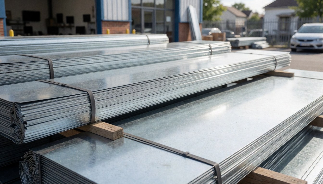 Stacks of galvanized metal sheets resting on wooden pallets in an industrial warehouse setting for roofing materials.
