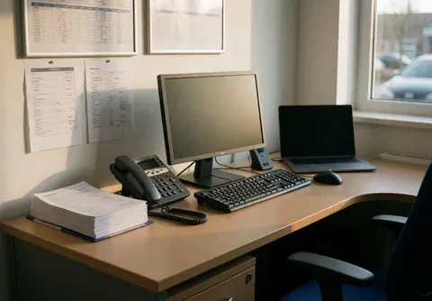 Tidy office desk featuring a computer, phone, and papers, with wall charts and natural light from a window, suitable for a tire shop.