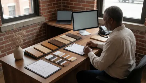 Professional reviewing wood finish samples on a table in a workshop with brick wall and natural light