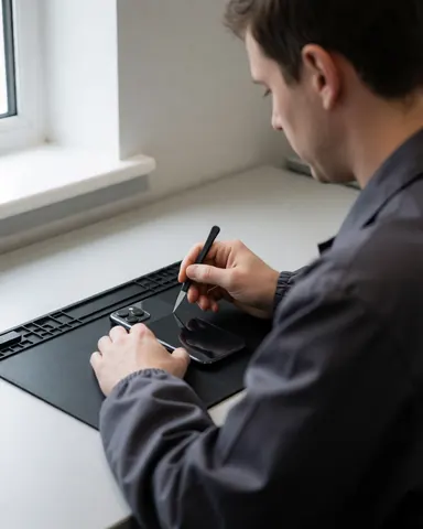 Close-up of a technician using a spudger to repair a mobile phone on an anti-static mat under natural light
