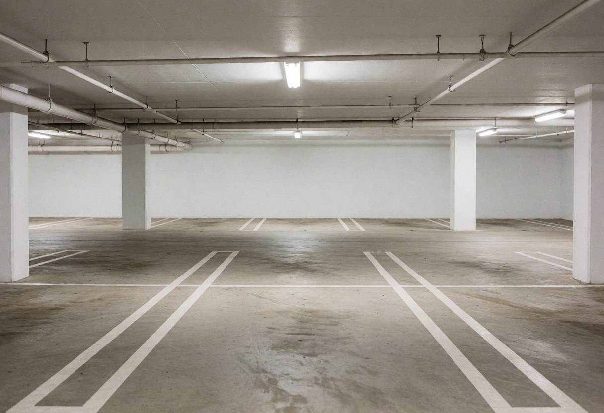 Empty covered parking garage with marked concrete floors, white columns, and fluorescent lights, ideal for parking lots.
