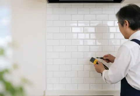 A tiler uses a tool to apply grout to a wall of glossy white tiles in a clean, modern kitchen with natural light.