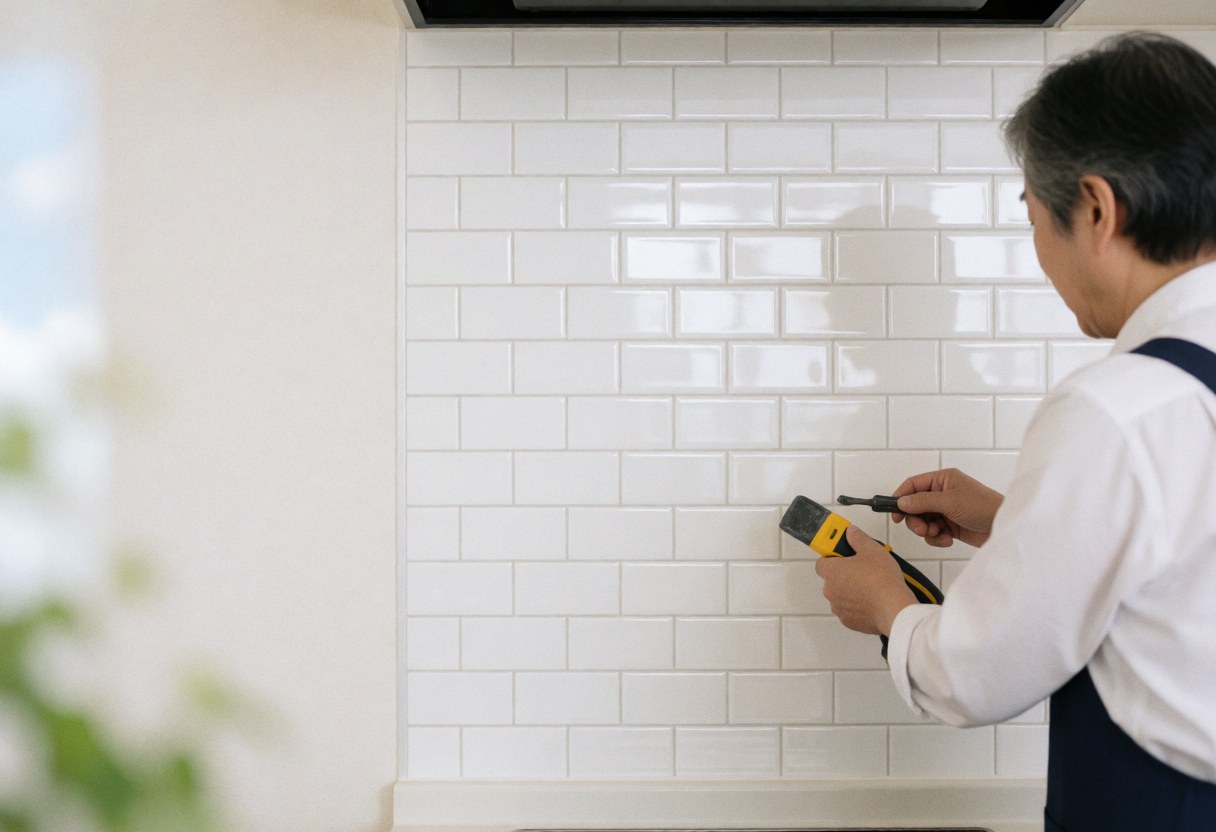 A tiler uses a tool to apply grout to a wall of glossy white tiles in a clean, modern kitchen with natural light.