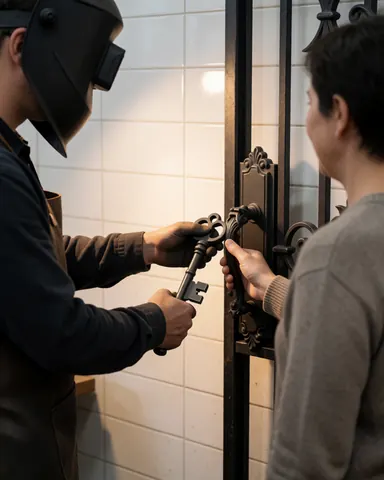 A smiling customer receives a hand-forged key from a blacksmith wearing a welding helmet and leather vest in front of an ornate wrought iron door.
