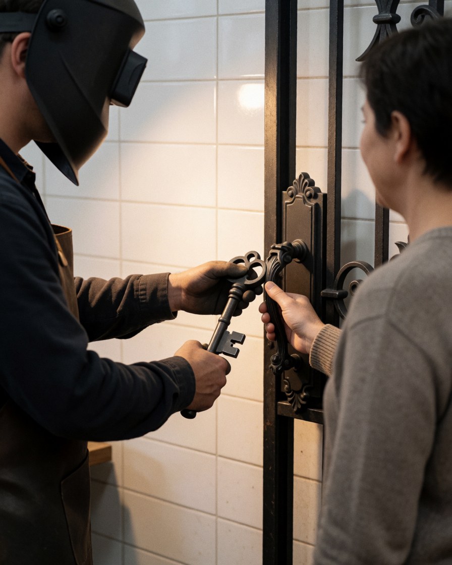 A smiling customer receives a hand-forged key from a blacksmith wearing a welding helmet and leather vest in front of an ornate wrought iron door.
