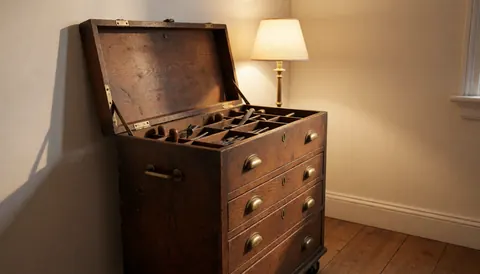 Antique wooden tool box with visible tools on a wooden floor against cream walls, suitable for a wood carver business