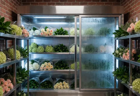 Stainless steel flower refrigerator in a brick-walled storage room holding fresh flowers wrapped in plastic.