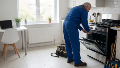 Technician in blue uniform installs stainless steel stove in modern kitchen with white tiles and organized tools