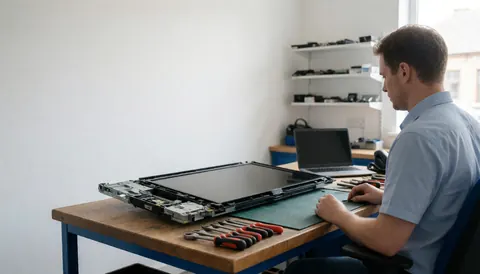 Technician repairing a disassembled television on a workbench with tools and shelves of parts in an electronics workshop