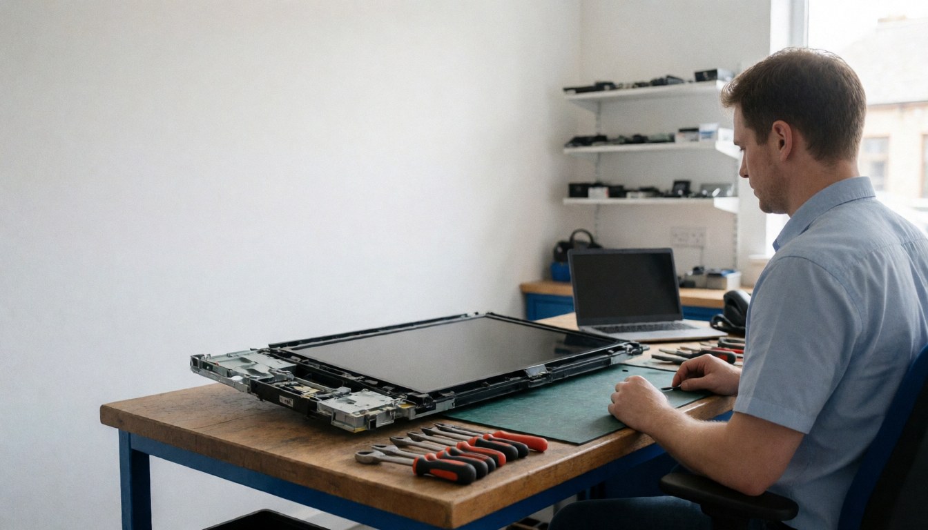 Technician repairing a disassembled television on a workbench with tools and shelves of parts in an electronics workshop