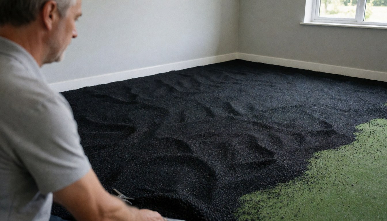 Worker installing a black granular tennis court surface over green grass in a room with gray walls and natural light
