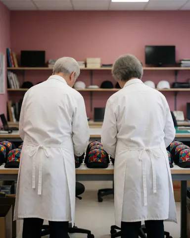 Two workers in white aprons check geometric pattern hoodies on a work table in a pink-walled workshop