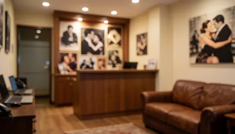 Tango themed background featuring a wooden reception desk, brown leather sofa, and vintage photos on the walls, ideal for text overlay