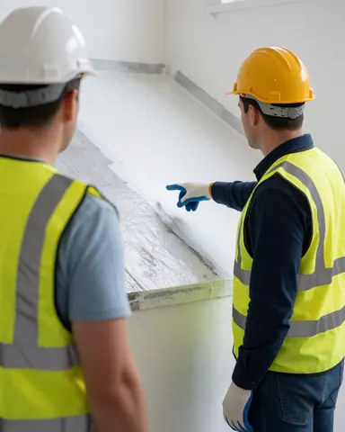 Two workers in hard hats and vests inspecting a freshly painted white interior wall to show the finished work quality.