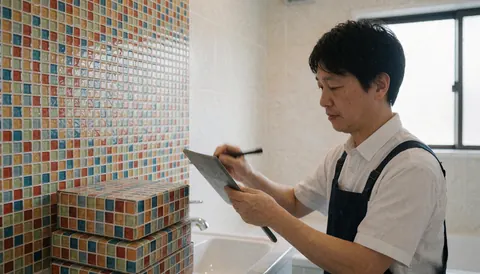 Professional installer placing glass mosaic tiles in a renovated bathroom with product boxes and bright light reflections visible.