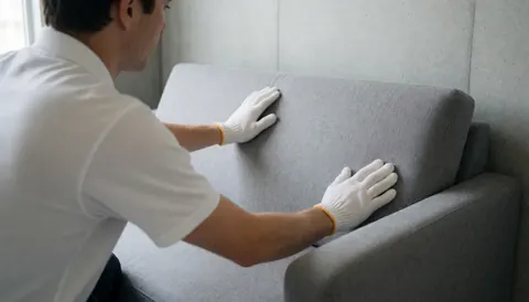 Upholsterer adjusting gray sofa fabric against a concrete wall in natural light