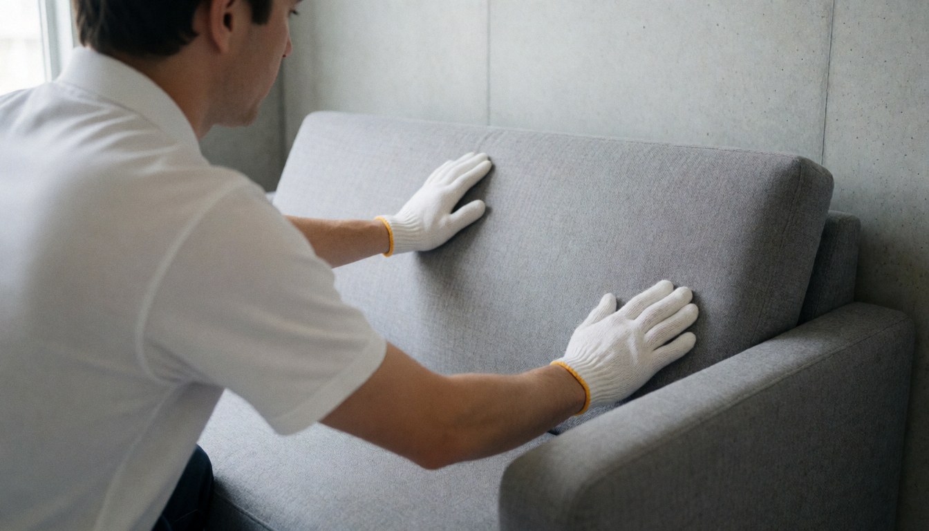 Upholsterer adjusting gray sofa fabric against a concrete wall in natural light