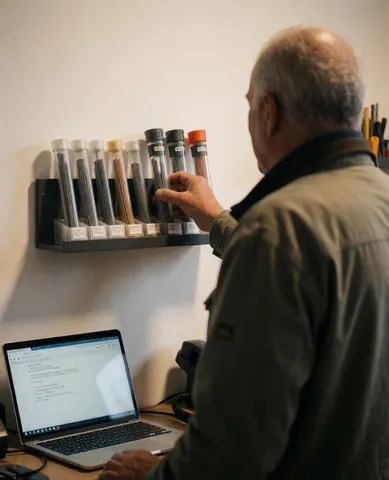 Customer selecting TIG welding rollers in a workshop with a laptop on a desk and white walls.