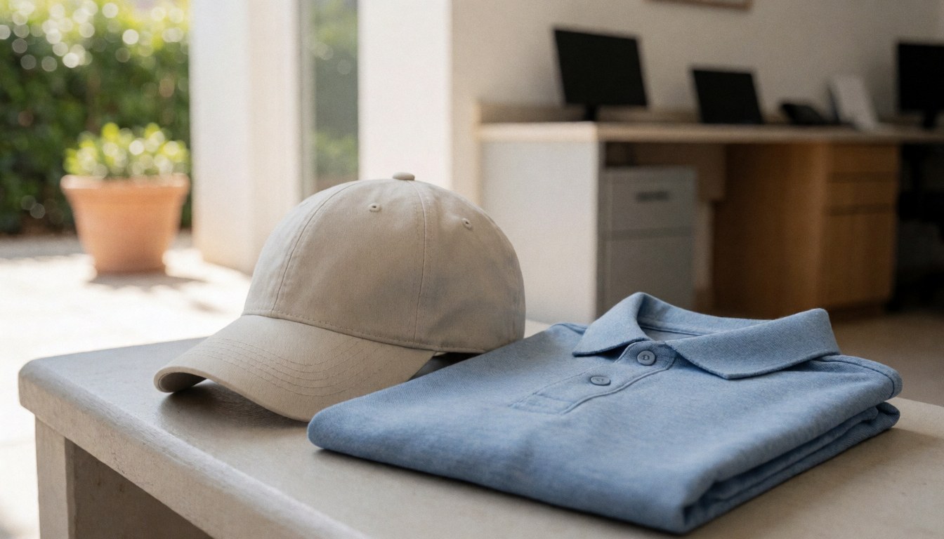 Blue polo shirt and golf cap folded on an outdoor bench with natural light and an office background