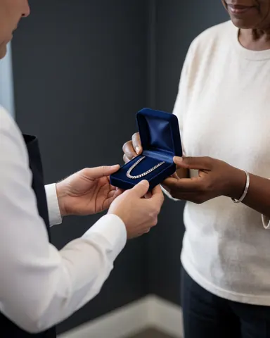 A satisfied client receives a polished chain in a blue box at a watch repair shop, with hands and gray walls visible