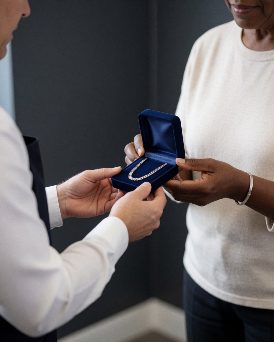 A satisfied client receives a polished chain in a blue box at a watch repair shop, with hands and gray walls visible