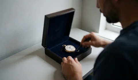 A watchmaker repairing an antique pocket watch in a velvet-lined wooden box on a workbench