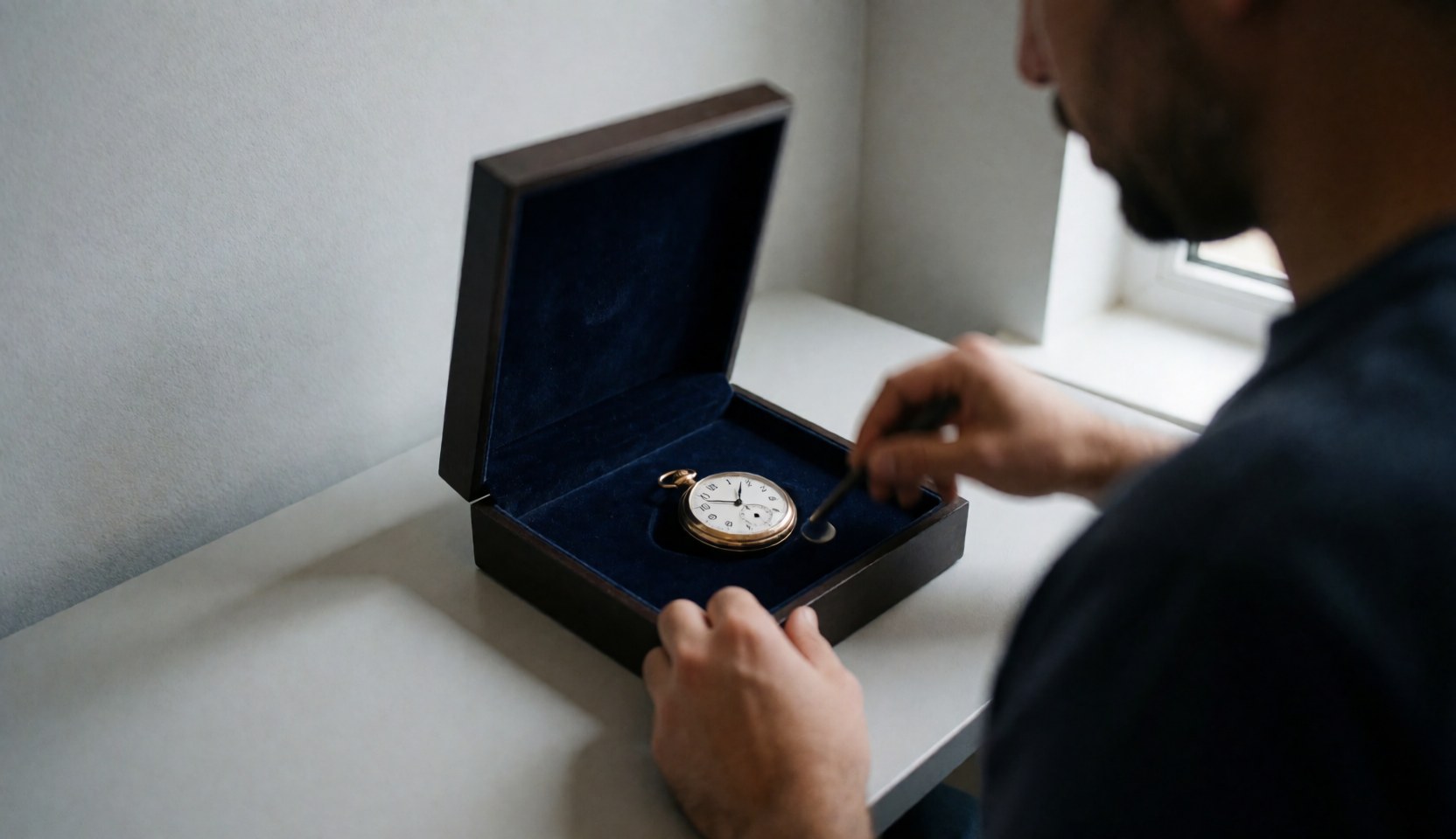 A watchmaker repairing an antique pocket watch in a velvet-lined wooden box on a workbench
