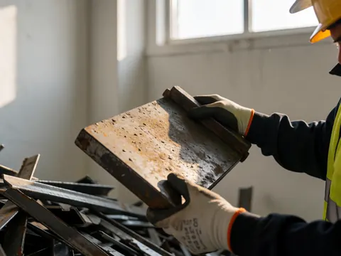 A worker wearing safety gear manipulates a block of rusty metal over a pile of recycled iron in a warehouse.