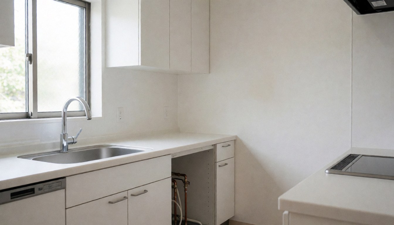 Modern kitchen featuring exposed copper pipes, a stainless steel sink, and white walls, suitable for plumbing businesses.