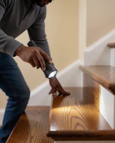 A customer inspects a recently treated wooden staircase using a flashlight in a beige interior space.