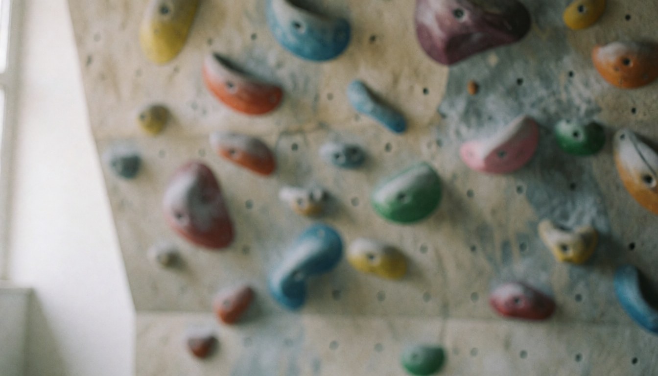 Blurred background of an artificial climbing wall with colorful handholds, suitable for climbing training text overlays