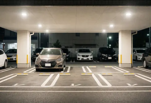 A vehicle parked in a clean, illuminated covered parking garage with clear markings and artificial lighting, suitable for transportation services.