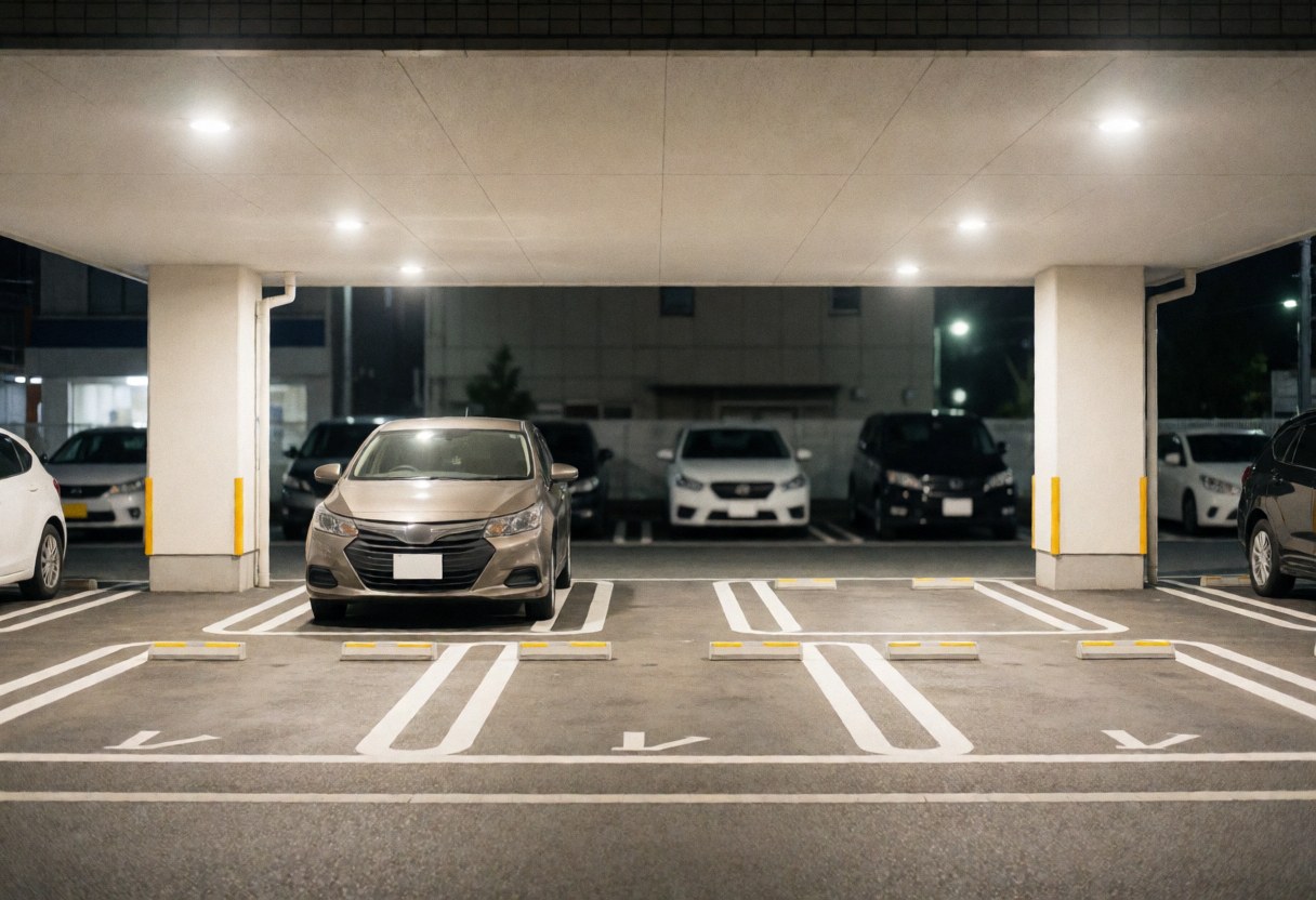 A vehicle parked in a clean, illuminated covered parking garage with clear markings and artificial lighting, suitable for transportation services.