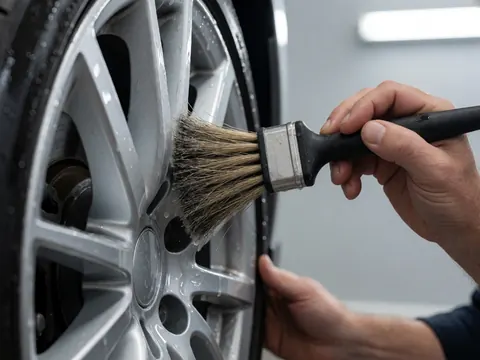 A hand uses a brush to apply cleaner to a shiny multi-spoke car wheel during automotive detailing service.