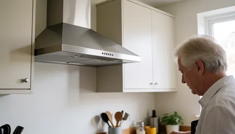 Senior man working in kitchen with stainless steel stove, white cabinets and neutral walls, ideal for kitchen repair.