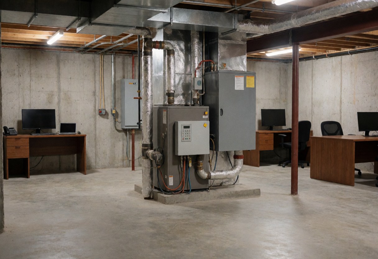 Heating system installation in a basement featuring a boiler, insulated pipes, control panel, concrete walls, and concrete floor