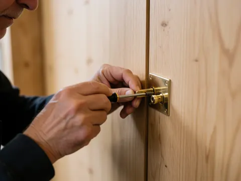 Close-up of a hand using a tool to adjust a wooden door lock mechanism, highlighting precision repair work on natural wood and polished bronze hardware