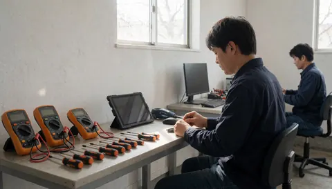 Technician working on appliance repair using multimeters and screwdrivers in a well-lit workshop.