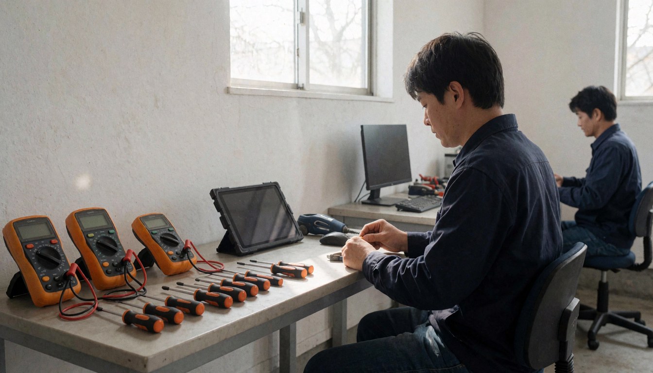 Technician working on appliance repair using multimeters and screwdrivers in a well-lit workshop.