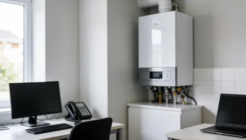 A modern white boiler placed in an office with work desks, computers, and a telephone, suitable for boiler repair services.