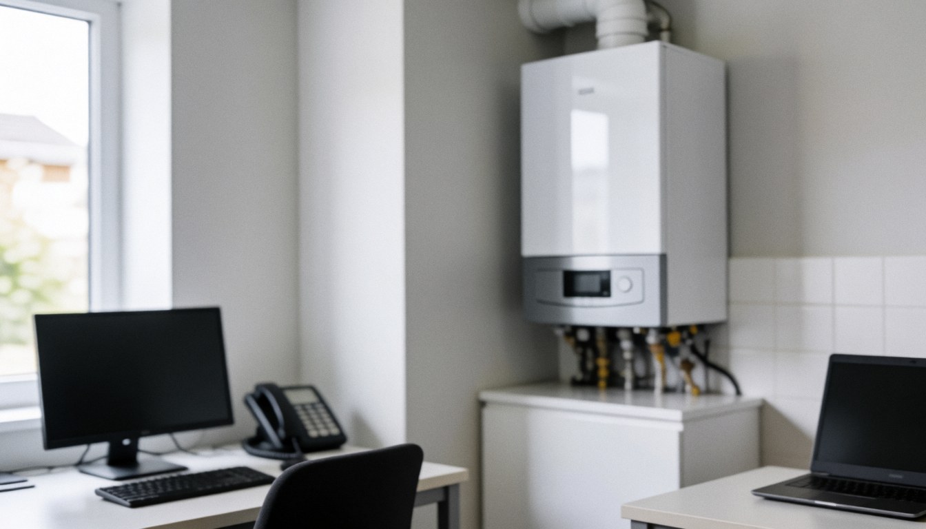A modern white boiler placed in an office with work desks, computers, and a telephone, suitable for boiler repair services.
