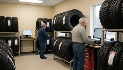 Tire repair shop interior showing staff working, one at a computer and another inspecting tires, with organized tire racks in the background
