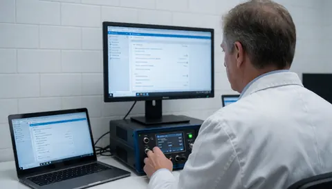 Technician adjusting data recovery equipment with a screen and laptop against a white tiled wall in a modern lab setting