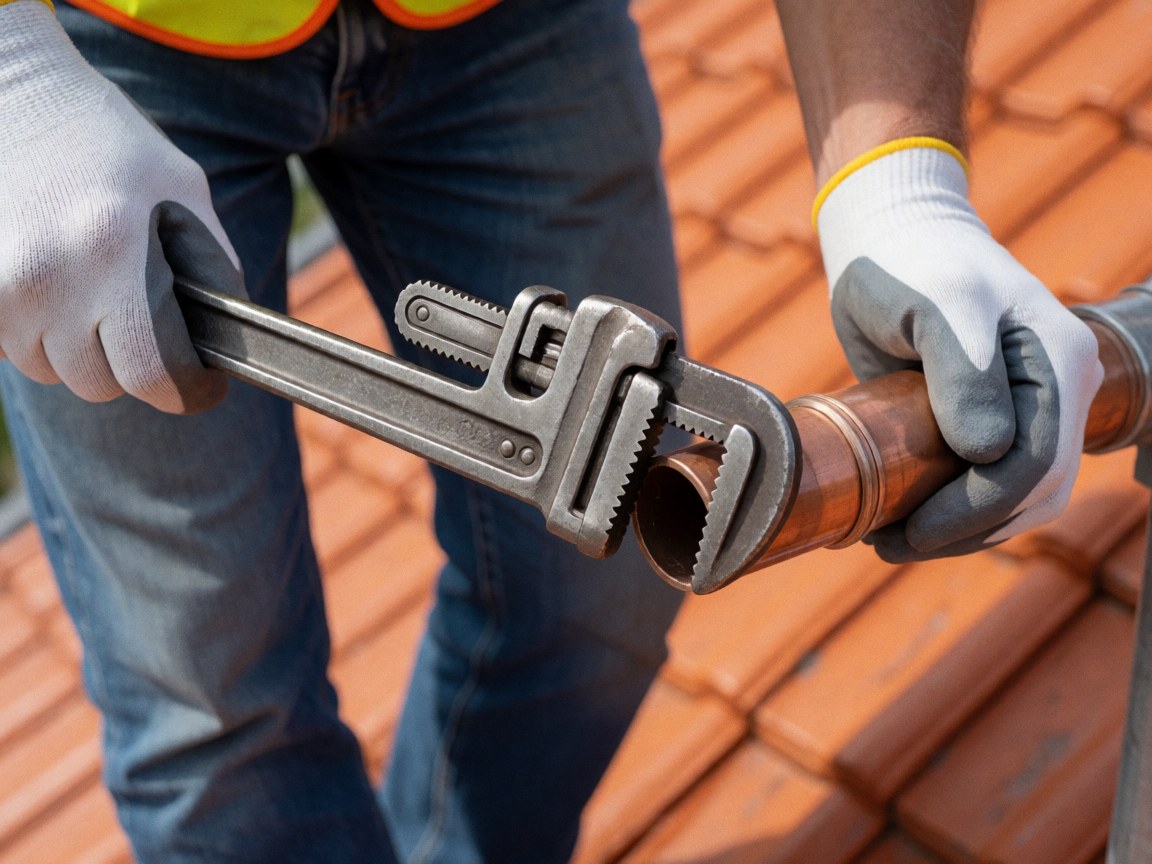Close-up of gloved hands using a pipe wrench to repair a copper pipe on a tiled roof