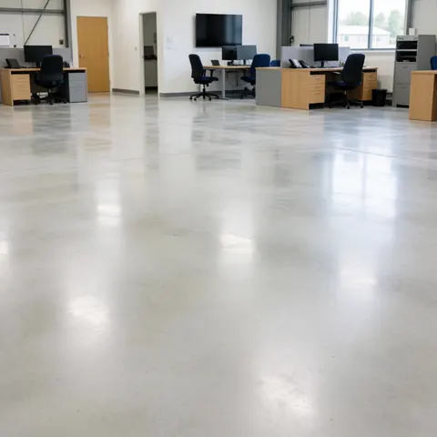 Spacious industrial warehouse featuring a polished concrete floor with light reflections, work tables, and chairs, suitable for industrial cleaning services.
