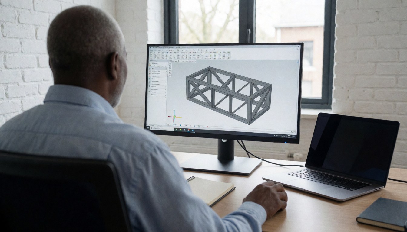 Professional designing a metal structure on a computer monitor in an office with white brick walls and natural light.