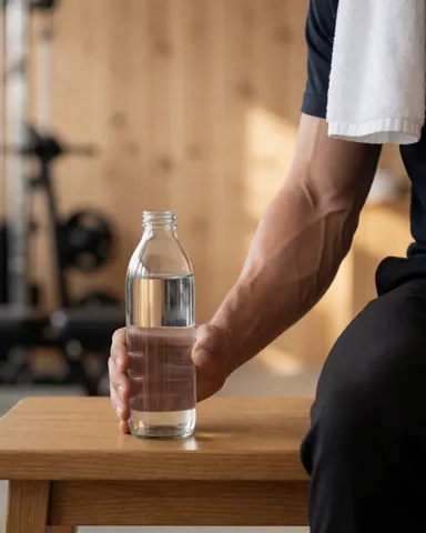 A muscular arm holding a water bottle in a gym setting, with a white towel and wooden bench visible in the background.