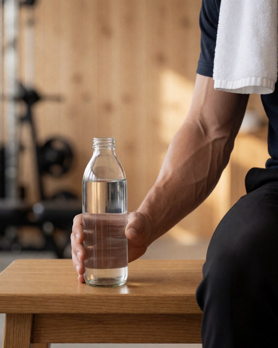 A muscular arm holding a water bottle in a gym setting, with a white towel and wooden bench visible in the background.