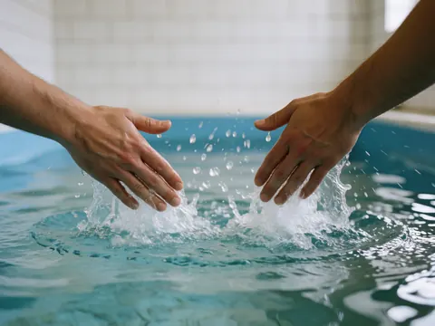 Hands of a swimming coach breaking the surface of clear water in a pool with white tiles, creating a symmetrical splash.