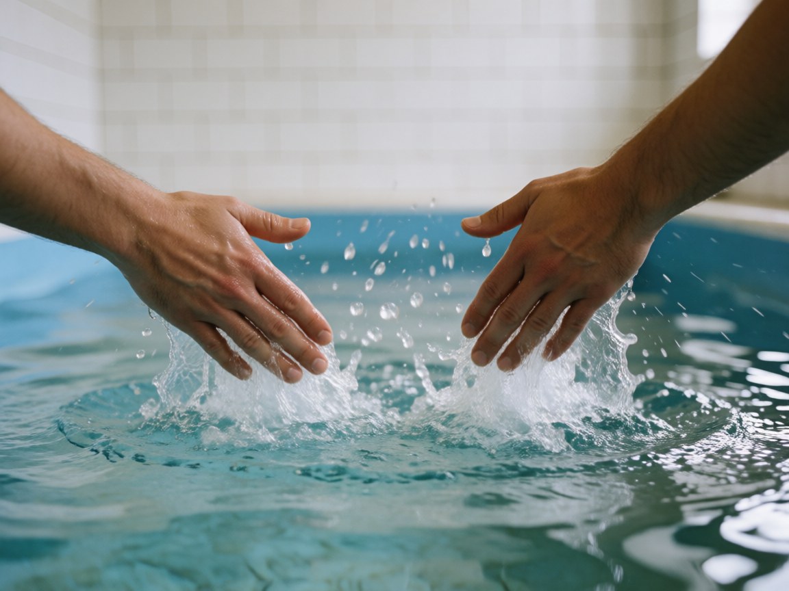 Hands of a swimming coach breaking the surface of clear water in a pool with white tiles, creating a symmetrical splash.